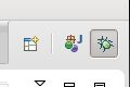 Top right corner of the Eclipse IDE showing perspective buttons labeled Java and Debug with the Debug perspective highlighted; the Java editor is visible behind showing a main method and a breakpoint marker in the left gutter; surrounding panels and toolbars of the IDE are visible.