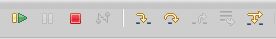 Eclipse Debug perspective toolbar showing execution control buttons labeled Resume Suspend Terminate Step Into Step Over Step Return. The main editor below is paused at a breakpoint with a yellow arrow on a line in a Java main method containing a while loop. Variables and Console panels are visible in the surrounding IDE layout.