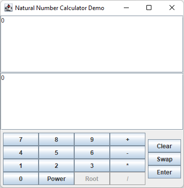 Natural Number Calculator application window showing a GUI with a text input field displaying 0 at the top, a grid of buttons below including digit buttons 0-9 arranged in a numeric keypad layout, operation buttons for Add, Subtract, Multiply, Divide, Power, and Root, and additional buttons for Clear, Swap, and Enter.